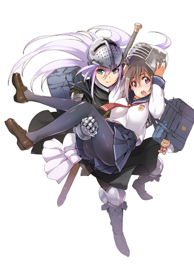 2girls, armor, ass, bag, bangs, between_breasts, black_legwear, blue_eyes, blue_sailor_collar, blue_skirt, brown_hair, carrying, closed_mouth, emblem, full_body, greaves, helmet, inue_shinsuke, kasugai_kanade, long_hair, long_sleeves, miniskirt, multiple_girls, necktie, official_art, open_mouth, pantyhose, pleated_skirt, princess_carry, red_neckwear, sailor_collar, school_bag, school_uniform, serafuku, shirt, short_hair, shoujo_kishidan_x_knight_tale, skirt, sword, tenkawa_shinobu, very_long_hair, violet_eyes, weapon, white_hair
