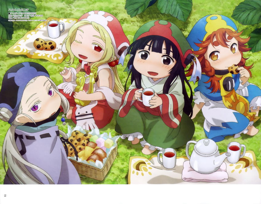 4girls, :d, ;d, absurdres, artist_request, bangs, barefoot, basket