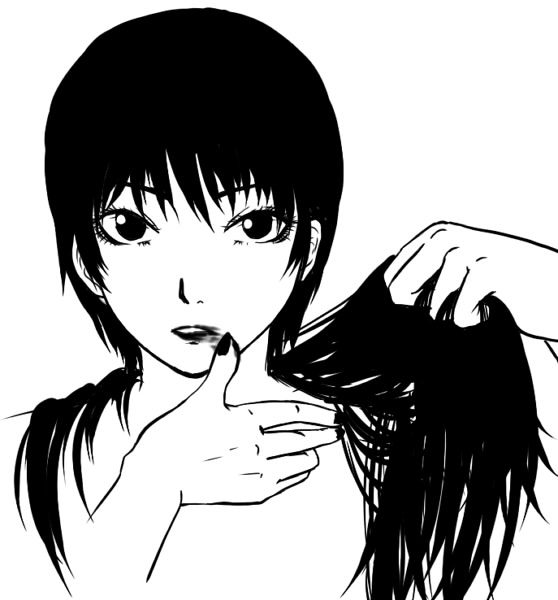 1boy, black_hair, black_lipstick, crossdressinging, eyelashes, fingernails, lipstick, looking_at_viewer