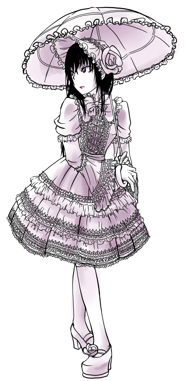 1boy, alternate_costume, black_hair, bonnet, bow, closed_mouth, dress, eyelashes, flower, frilled_dress, frills, gothic_lolita, high_heels, highres, holding, holding_umbrella, kneehighs, lace, lace-trimmed_dress, legs_crossed, limited_palette, lips, lipstick, lolita_fashion, long_hair, long_sleeves, looking_back, makeup, maroxxtanaka, mary_janes, monochrome, moyashimon, parasol, rose, ruffled_sleeves, shoes, simple_background, solo, spot_color, trap, umbrella, violet_eyes, watson_cross, white_background, white_dress, yuuki_kei
