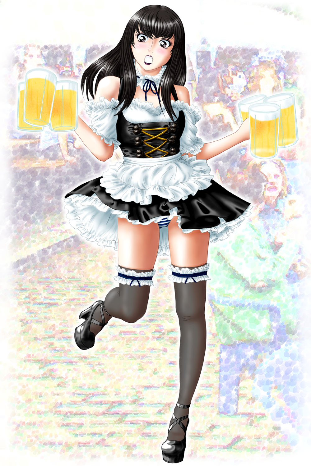 1boy, alternate_costume, apron, bare_shoulders, beer_mug, black_bow, black_dress, black_hair