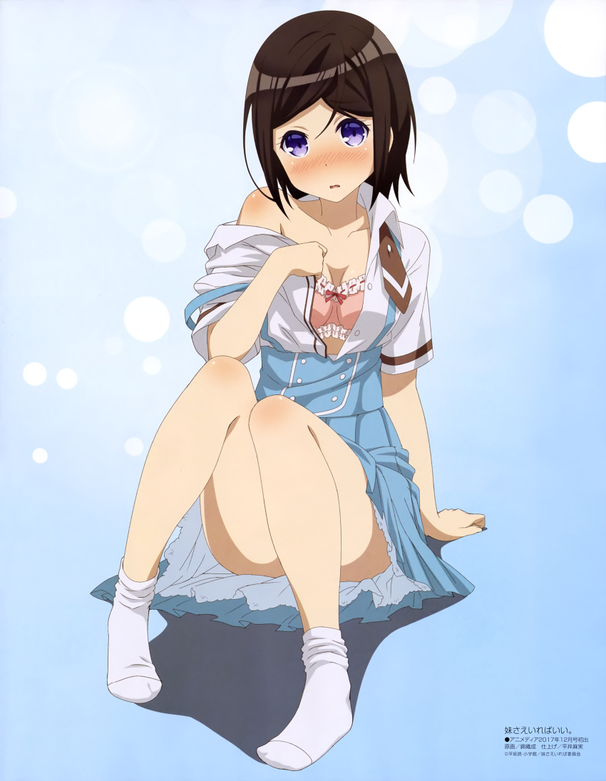 1girl, absurdres, ass, blue_background, blue_dress, blush, body_blush, bra, brown_hair, brown_neckwear, convenient_leg, dress, embarrassed, frilled_bra, frills, hashima_chihiro, highres, imouto_sae_ireba_ii, looking_at_viewer, megami_deluxe, necktie, nishigori_sei, official_art, open_clothes, open_shirt, patterned_background, petticoat, pigeon-toed, pinafore_dress, pink_bra, pleated_dress, print_neckwear, red_ribbon, ribbon, ribbon-trimmed_bra, shirt, socks, solo, underwear, violet_eyes, wavy_mouth, white_legwear, white_shirt