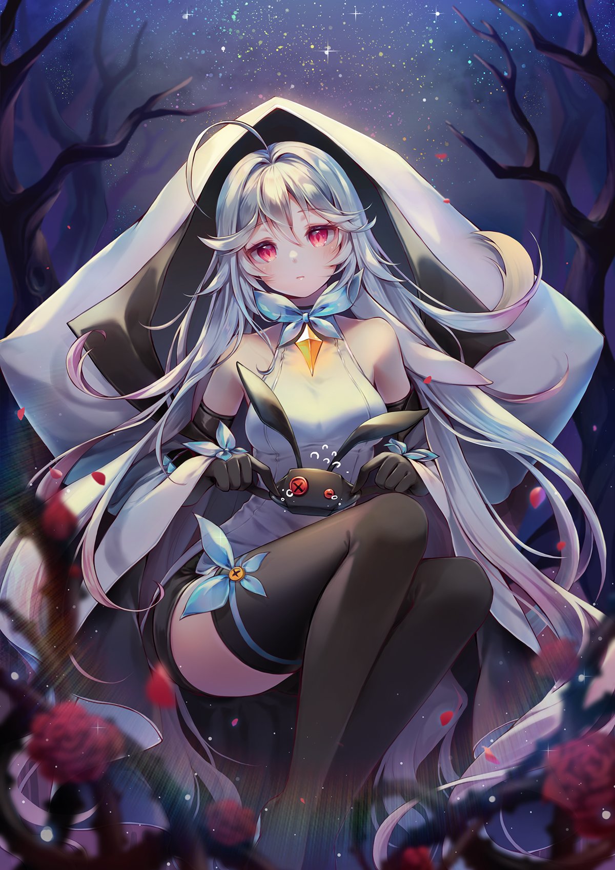 1girl, absurdly_long_hair, ahoge, ankle_boots, arm_at_side, asymmetrical_gloves, asymmetrical_legwear, bangs