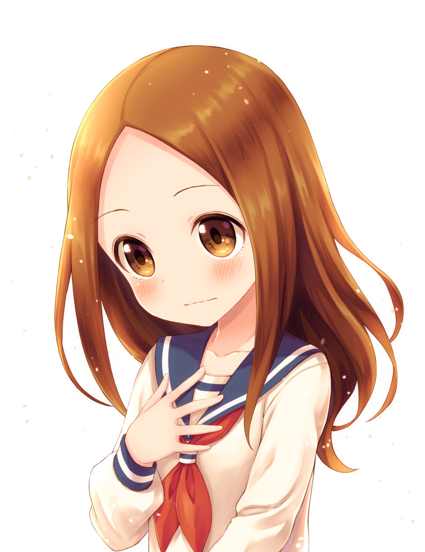 1girl, blue_sailor_collar, blush, brown_eyes, brown_hair, closed_mouth, flustered, forehead