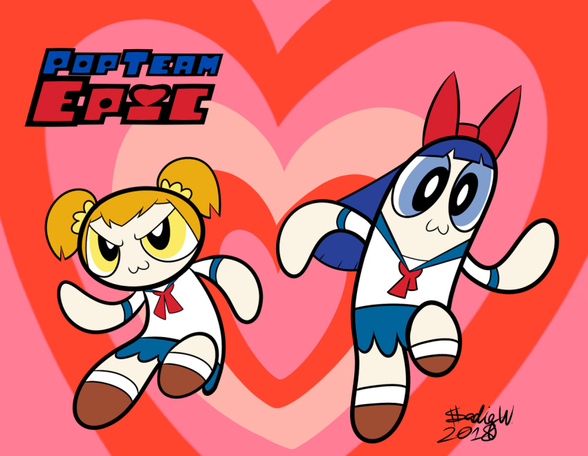 >:3, 2girls, :3, blue_eyes, blue_hair, bow, brown_footwear, cartoon_network