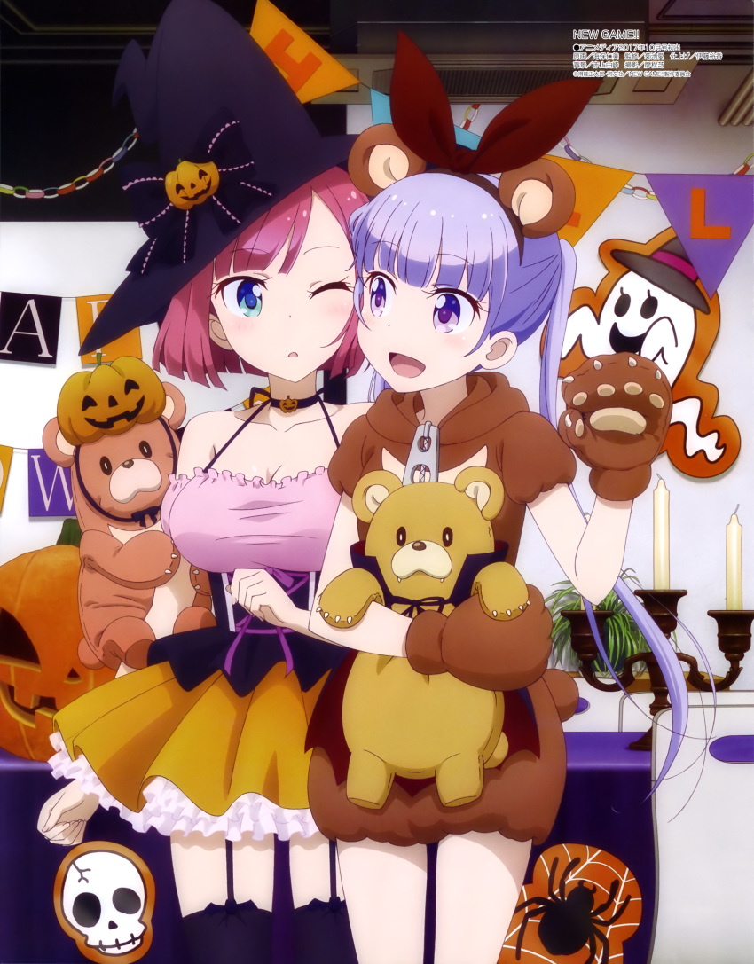 2girls, :d, ;o, absurdres, animal_ears, aqua_eyes, bare_shoulders, bat