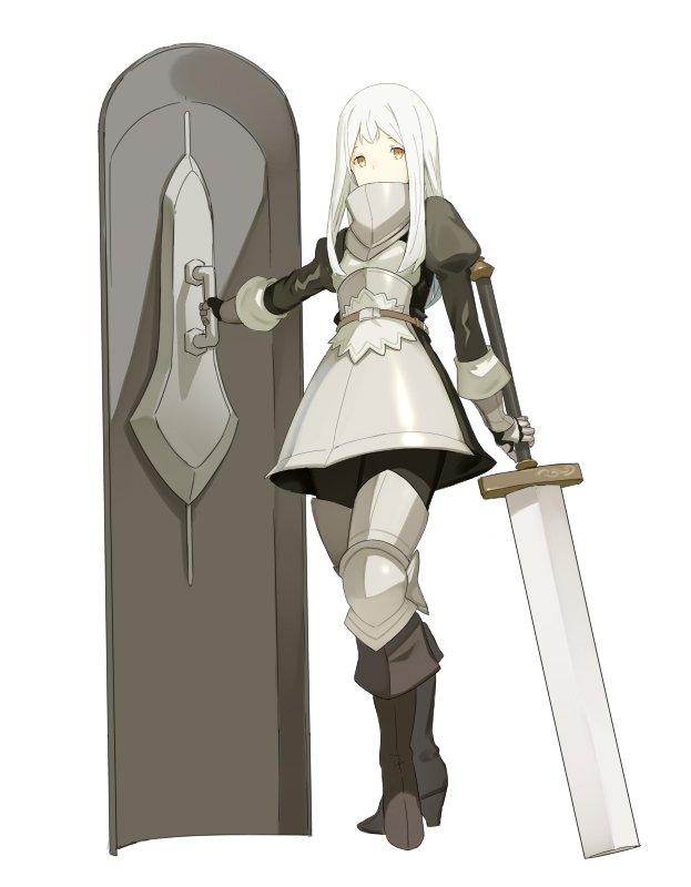 1girl, armor, boots, brown_footwear, commentary_request, covered_face, gauntlets, greaves