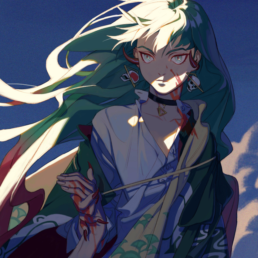 1boy, absurdres, black_choker, blood, blood_on_face, blood_splatter, blue_sky, choker, day, earrings, expressionless, fingernails, floating_hair, gradient_hair, green_eyes, green_hair, highres, horns, jewelry, long_hair, long_sleeves, looking_at_viewer, misaq, multicolored_hair, nail_polish, necklace, open_clothes, open_shirt, original, out_of_frame, outdoors, red_nails, red_pupils, shirt, skull_earrings, sky, solo_focus, standing