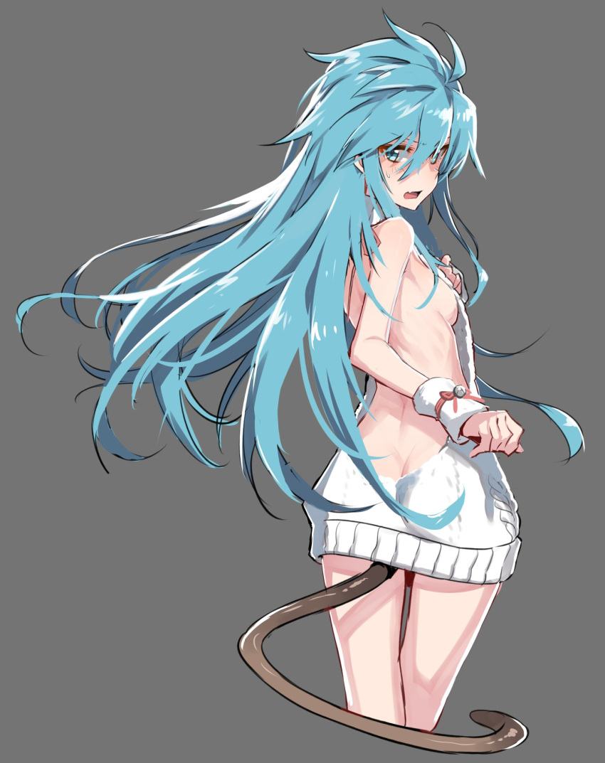 1girl, ass, blue_eyes, blue_hair, breasts, closers, dimples_of_venus, dress, fang, from_behind, genderswap, genderswap_(mtf), grey_background, hair_between_eyes, highres, long_hair, looking_back, meme_attire, messy_hair, nata_(closers), sideboob, simple_background, small_breasts, solo, supernew, sweatdrop, sweater, sweater_dress, tail, very_long_hair, virgin_killer_sweater, wrist_cuffs