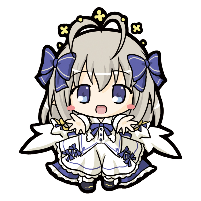 1girl, :d, angel_feather_alma, antenna_hair, bangs, black_footwear, blue_bow, blue_eyes