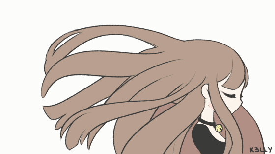 1girl, angelica_(k3lly), animated, animated_gif, artist_name, bell, bell_choker, black_choker, black_shirt, blush, brown_hair, choker, closed_eyes, floating_hair, from_side, original, profile, shirt, simple_background, stitched_blush, upper_body, waving_hair, wind