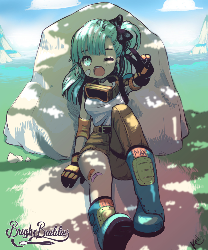 1girl, angelica_(k3lly), aqua_hair, arm_at_side, arm_up, artist_name, bandaid, bandaid_on_face