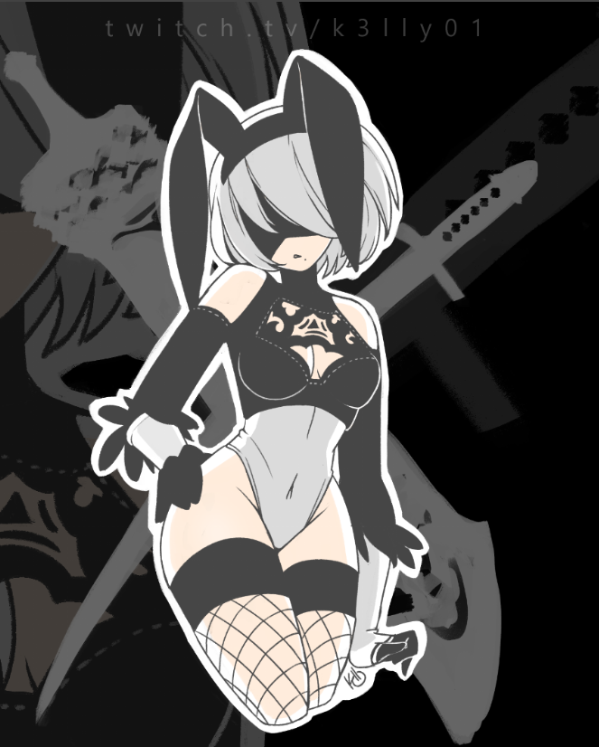 1girl, alternate_legwear, alternate_leotard_color, angelica_(k3lly), animal_ears, bangs, black_blindfold, black_gloves