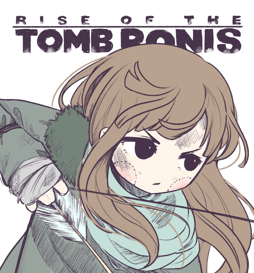 1girl, absurdres, angelica_(k3lly), arrow, black_eyes, blush, bow_(weapon), brown_hair