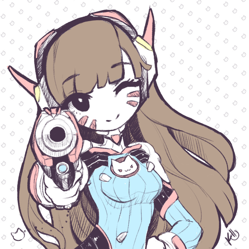 1girl, :3, absurdres, aiming_at_viewer, angelica_(k3lly), arm_up, artist_name, bangs