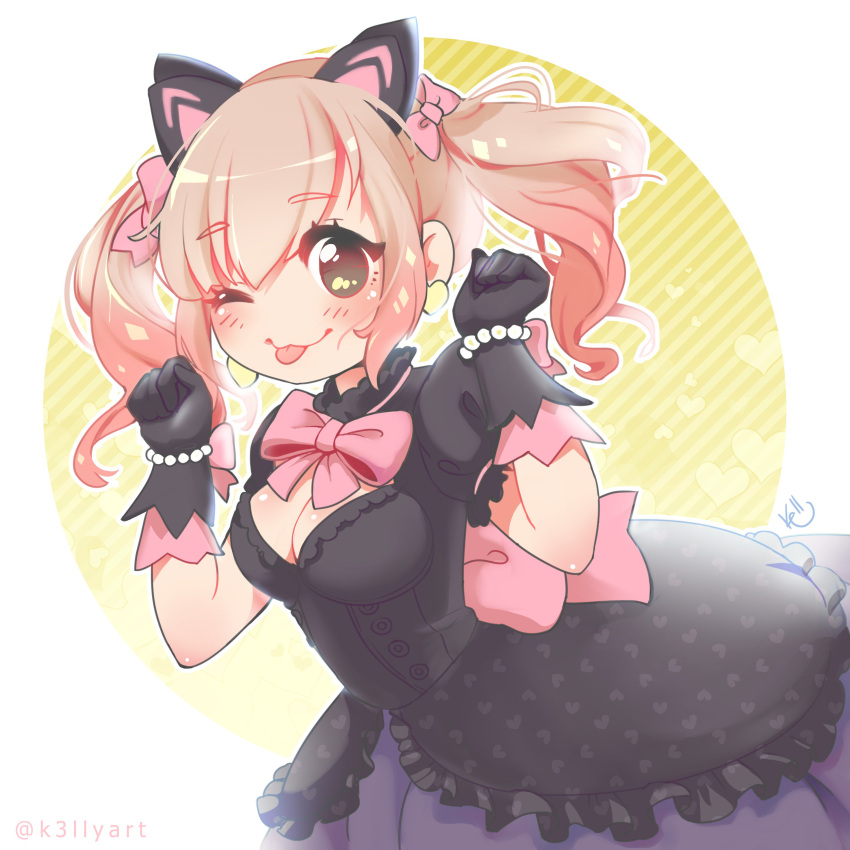 1girl, absurdres, angelica_(k3lly), animal_ears, black_cat_d.va, black_dress, black_gloves, blonde_hair