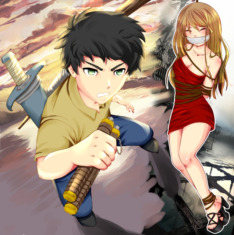 1boy, 1girl, angelica_(k3lly), black_hair, blue_pants, bound, bound_arms, bound_legs