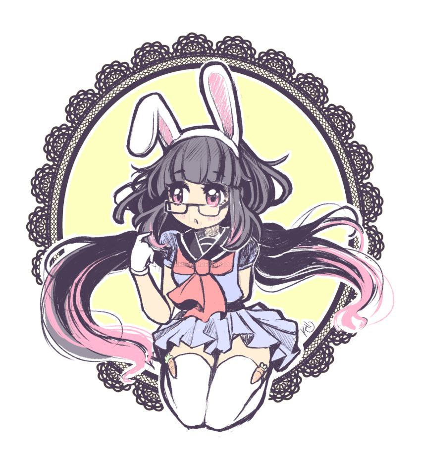 1girl, angelica_(k3lly), animal_ears, arm_behind_back, arm_up, artist_name, black-framed_eyewear, black_hair, black_sailor_collar, blouse, blue_blouse, blue_serafuku, blue_skirt, carrot, character_request, commentary_request, copyright_request, eyebrows_visible_through_hair, fake_animal_ears, glasses, gloves, highlights, highres, lace, long_hair, looking_to_the_side, multicolored_hair, pink_eyes, pink_hair, pleated_skirt, puffy_short_sleeves, puffy_sleeves, rabbit_ears, sailor_collar, school_uniform, serafuku, short_sleeves, skirt, solo, square_glasses, streaked_hair, thigh-highs, twintails, very_long_hair, white_gloves, white_legwear, zettai_ryouiki