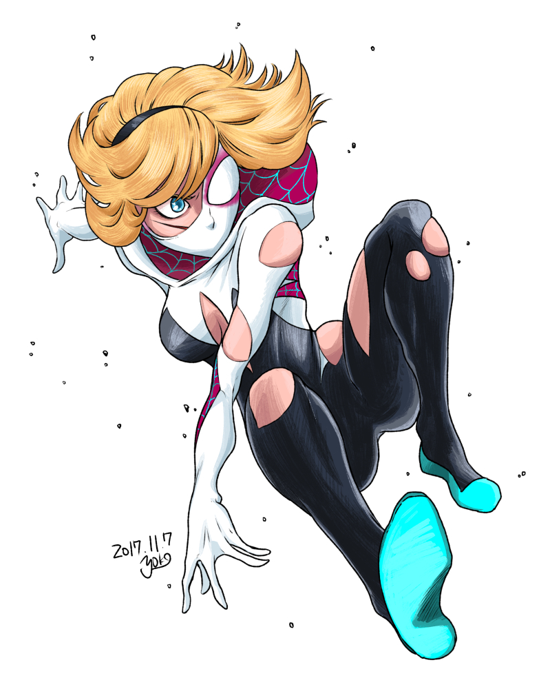 1girl, artist_name, bangs, blonde_hair, blue_eyes, bodysuit, breasts, dated