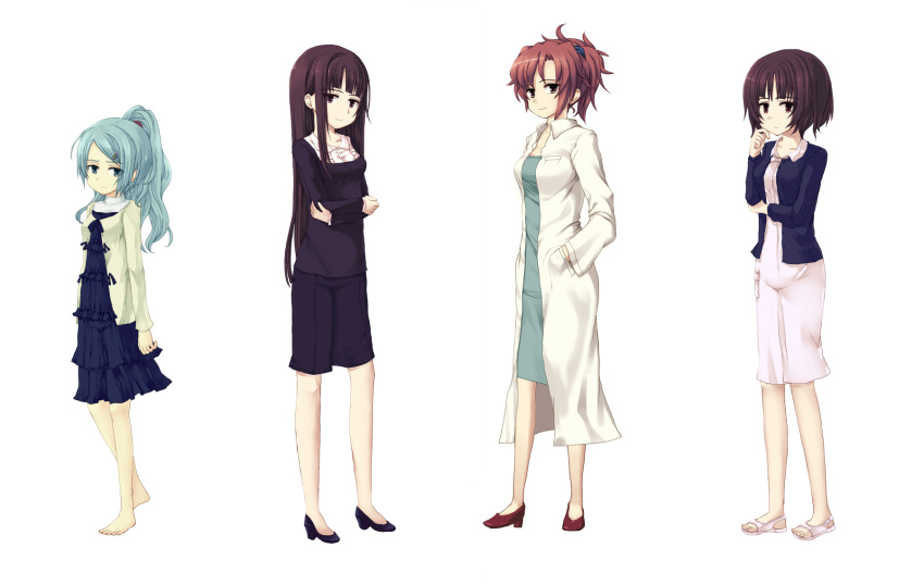 4girls, :/, bangs, black_footwear, black_hair, black_shirt, black_skirt, blue_dress, blue_eyes, blue_hair, blush, breast_pocket, breasts, brown_eyes, brown_hair, cardigan, character_sheet, closed_mouth, dress, eyebrows_visible_through_hair, full_body, hair_ornament, hairclip, hand_in_pocket, head_tilt, hide38, high_heels, high_ponytail, highres, koma_mayuko_seabed), labcoat, layered_dress, long_hair, long_sleeves, looking_at_viewer, medium_breasts, mizuno_sachiko_(seabed), multiple_girls, narasaki_hibiki_(seabed), official_art, open_cardigan, open_clothes, pocket, red_footwear, sandals, satou_kozue_(seabed), seabed, shirt, short_hair, simple_background, skirt, standing, swept_bangs, turtleneck, very_long_hair, white_background, white_dress, wing_collar