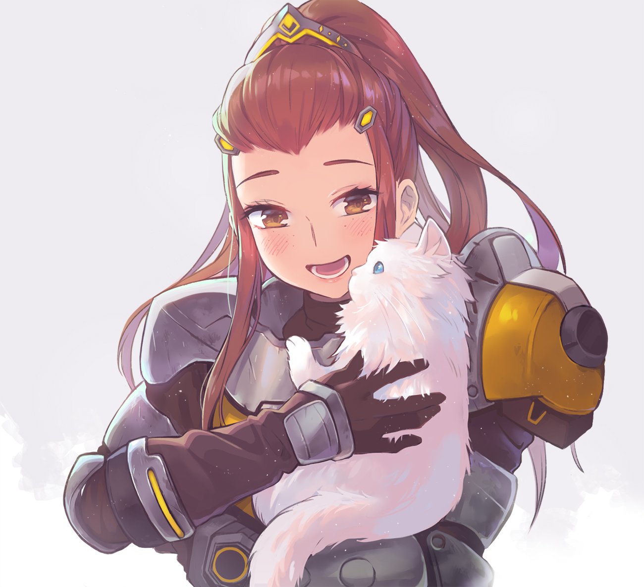 0910popo, 1girl, armor, blue_eyes, blush, brigitte_(overwatch), cat, fur