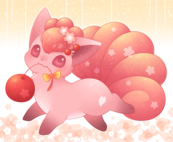 :3, apple, cherry, closed_mouth, covered_mouth, flower, food, fox, fruit, full_body, gen_1_pokemon, gradient, gradient_background, looking_at_viewer, multiple_tails, no_humans, petals, pink_eyes, pokemon, pokemon_(creature), ribbon, smile, tail, ten'on_(amane09), vulpix, yellow_background, yellow_ribbon