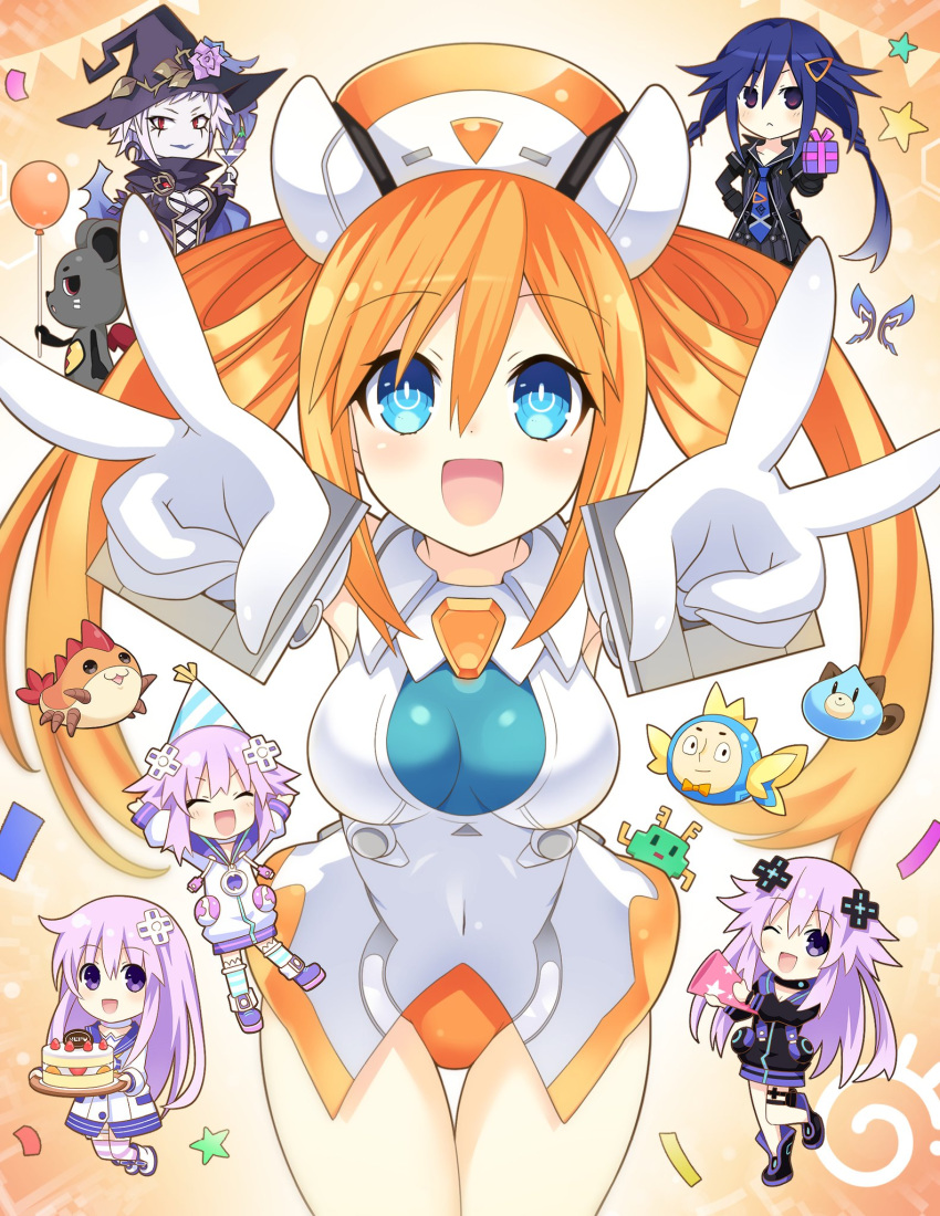 6+girls, :d, ;d, adult_neptune, ankokuboshi_kurome, balloon, bare_shoulders, black_jacket