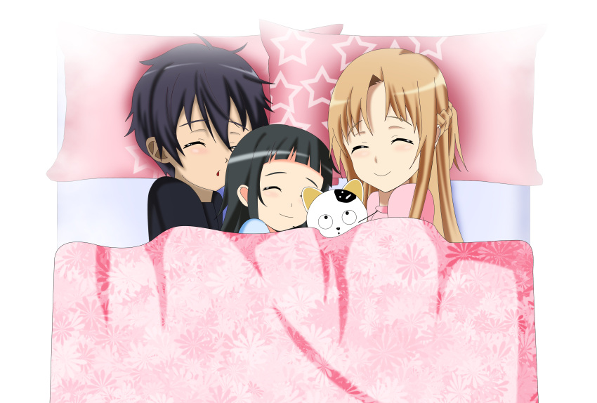1boy, 2girls, asuna_(sao), bed, black_hair, blanket, brown_hair, cat