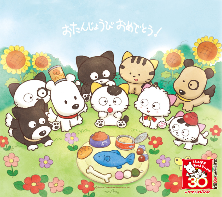 6+others, :), :d, :o, acorn, animal, anniversary, beh_(tama_and_friends), bell, black_eyes, bone, bowl, bread, butterfly, can, cat, collar, dog, fish, flower, food, fruit, garden, gon_(tama_and_friends), grass, koma_(tama_and_friends), kuro_(tama_and_friends), momo_(tama_and_friends), no_humans, no_mouth, nora_(tama_and_friends), official_art, orange, paw, pochi_(tama_and_friends), ribbon, smile, spring_(season), sunflower, surprised, tama_&amp;_friends, tama_(t&amp;f), tama_(tama_and_friends), tama_and_friends, tora_(tama_and_friends)