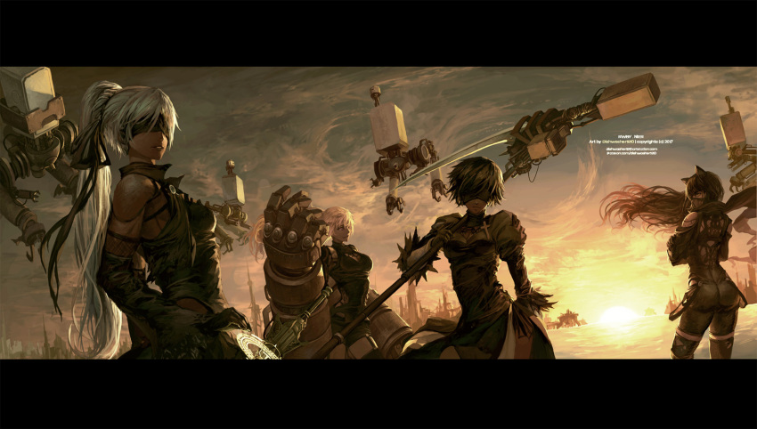 4girls, artist_name, bandanna, black_dress, blake_belladonna, blindfold, clouds, cloudy_sky