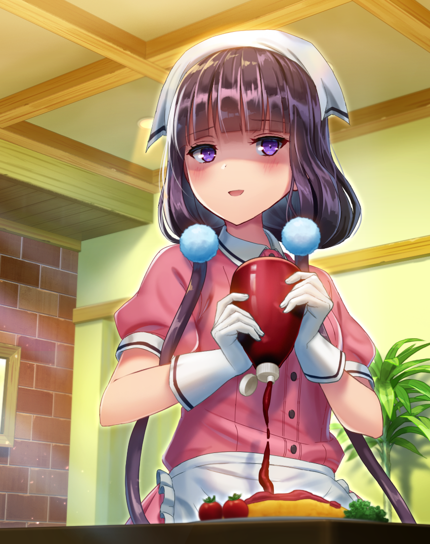 1girl, :d, apron, bangs, blend_s, blunt_bangs, blush, brick_wall
