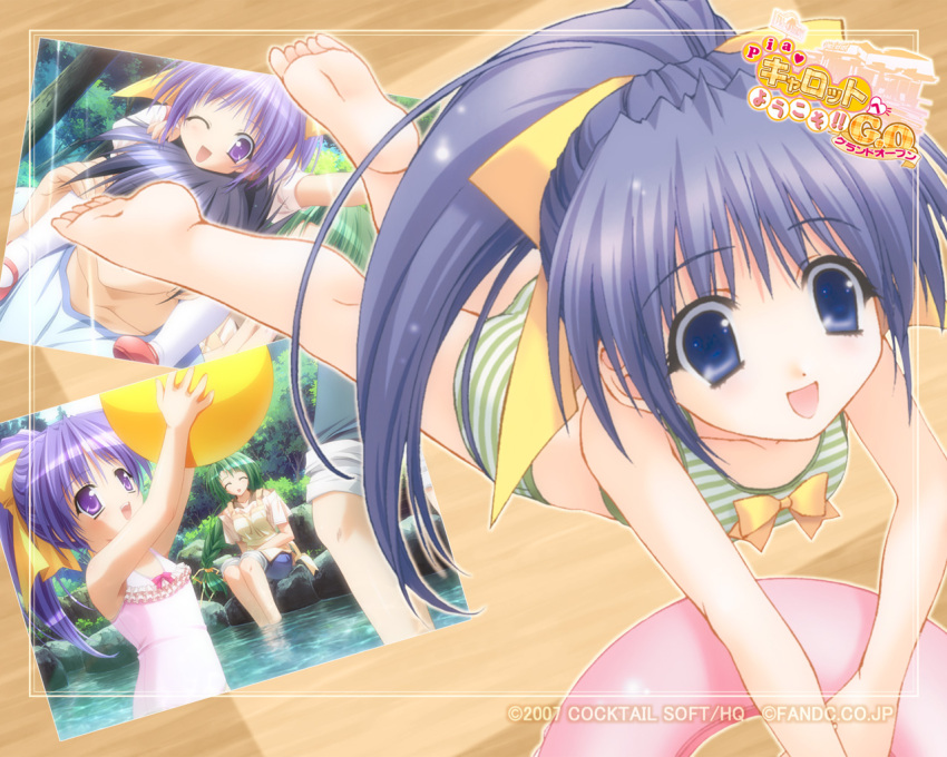 barefoot, beachball, bikini, blue_eyes, blue_hair, bow, braid, carrying