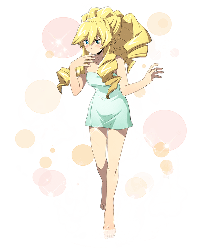 aqua_towel, barefoot, blonde_hair, blue_eyes, blush, breasts, collarbone, drill_hair