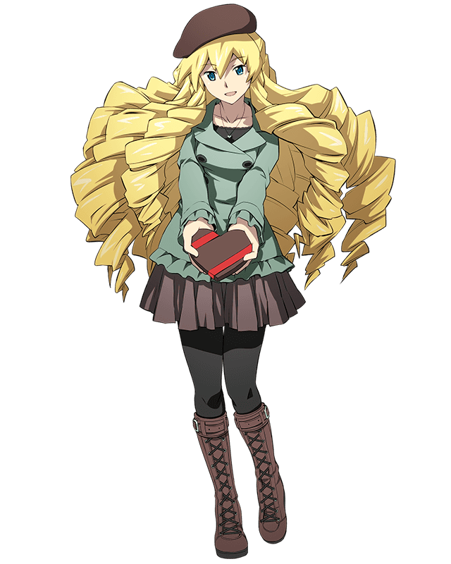 1girl, :d, black_shirt, blonde_hair, blue_eyes, box, brown_hat, brown_skirt, collarbone, drill_hair, eyebrows_visible_through_hair, full_body, gift, gift_box, hair_between_eyes, hat, head_tilt, heart, heart-shaped_box, heart_necklace, holding, holding_box, log_horizon, long_hair, looking_away, miniskirt, official_art, open_mouth, pleated, rieze_(log_horizon), shirt, skirt, smile, solo, standing, transparent_background, very_long_hair