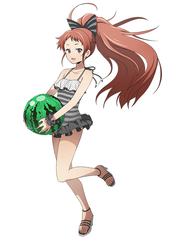1girl, :d, black_bow, bow, breasts, brown_eyes, brown_hair, casual_one-piece_swimsuit