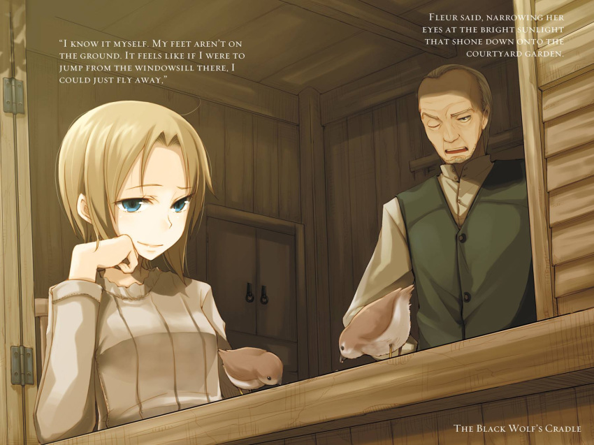 1boy, 1girl, ayakura_juu, beard, bird, blue_eyes, brown_hair, dress_shirt
