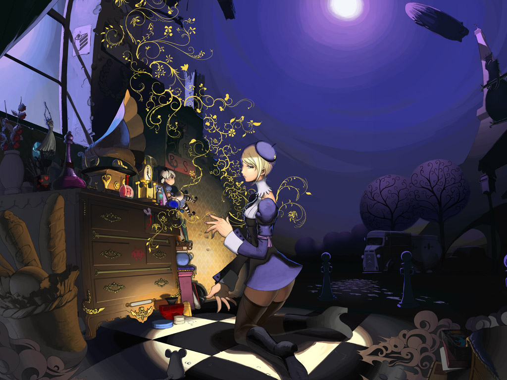 blonde_hair, boots, chess, eiffel_tower, hat, kneeling, moon, mouse