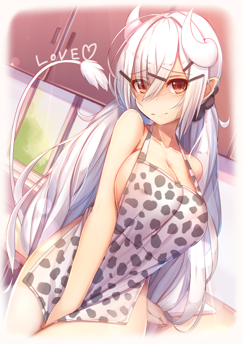 1girl, absurdres, animal_print, apron, bangs, bare_arms, bare_shoulders, black_scrunchie
