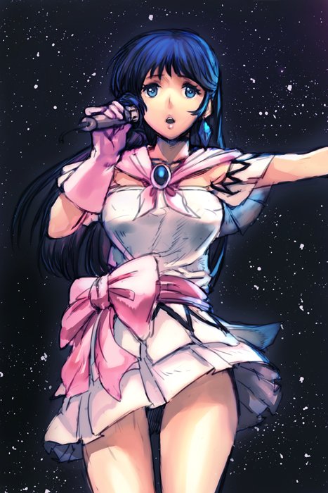 1girl, blue_eyes, blue_hair, bow, dress, earrings, gloves, hankuri