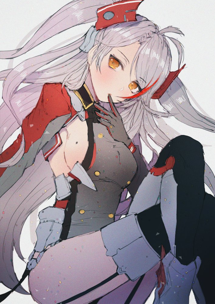 1girl, antenna_hair, azur_lane, bangs, blush, breasts, confetti, eyebrows_visible_through_hair, finger_to_mouth, garter_straps, gloves, hair_between_eyes, hanato_(seonoaiko), head_tilt, iron_cross, jacket, large_breasts, legs_crossed, long_hair, looking_at_viewer, military, military_uniform, mole, mole_on_breast, multicolored_hair, orange_eyes, prinz_eugen_(azur_lane), redhead, rudder_shoes, side_cutout, sideboob, sidelocks, silver_hair, simple-background, solo, streaked_hair, swept_bangs, thigh-highs, thighs, two_side_up, uniform, very_long_hair, white_background, work_in_progress