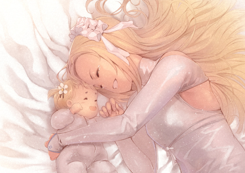 2girls, baby, blonde_hair, closed_eyes, dress, flower, hair_flower, hair_ornament