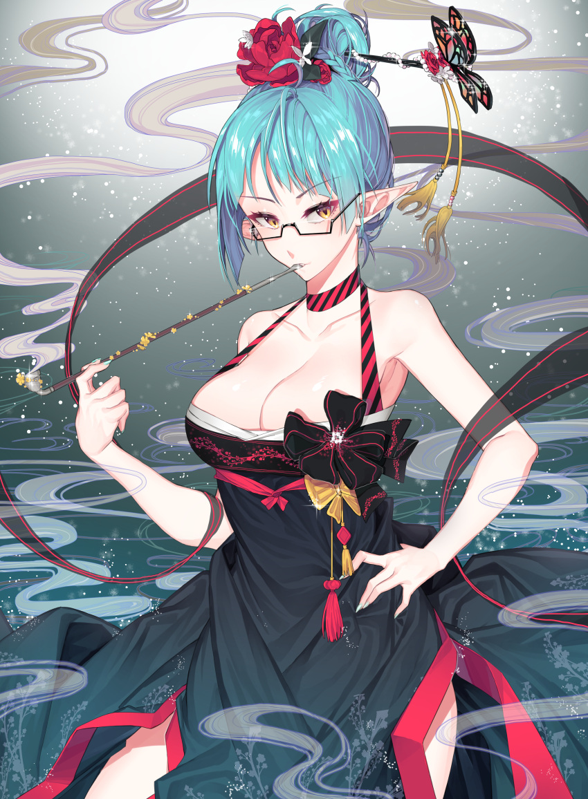 1girl, absurdres, armpits, bare_arms, bare_shoulders, black-framed_eyewear, black_dress, blue_hair