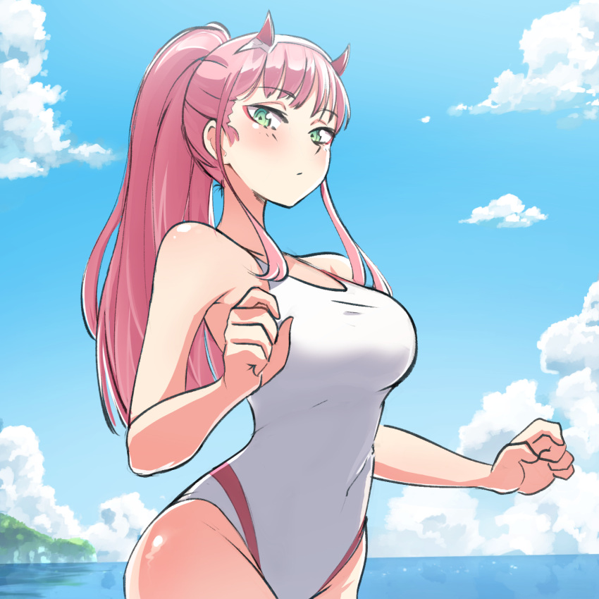 1girl, aqua_eyes, beach, blue_sky, blush, breasts, clouds, coolisushi, darling_in_the_franxx, day, groin, half-closed_eyes, highres, horns, long_hair, looking_at_viewer, medium_breasts, ocean, one-piece_swimsuit, outdoors, pink_hair, ponytail, sky, solo, swimsuit, very_long_hair, white_swimsuit, zero_two_(darling_in_the_franxx)