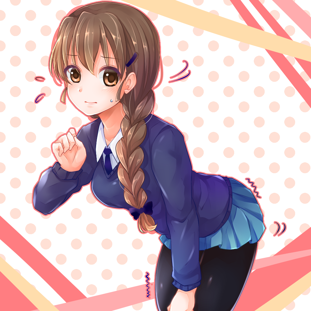 1girl, black_legwear, black_neckwear, blue_skirt, blue_sweater, braid, brown_eyes, brown_hair