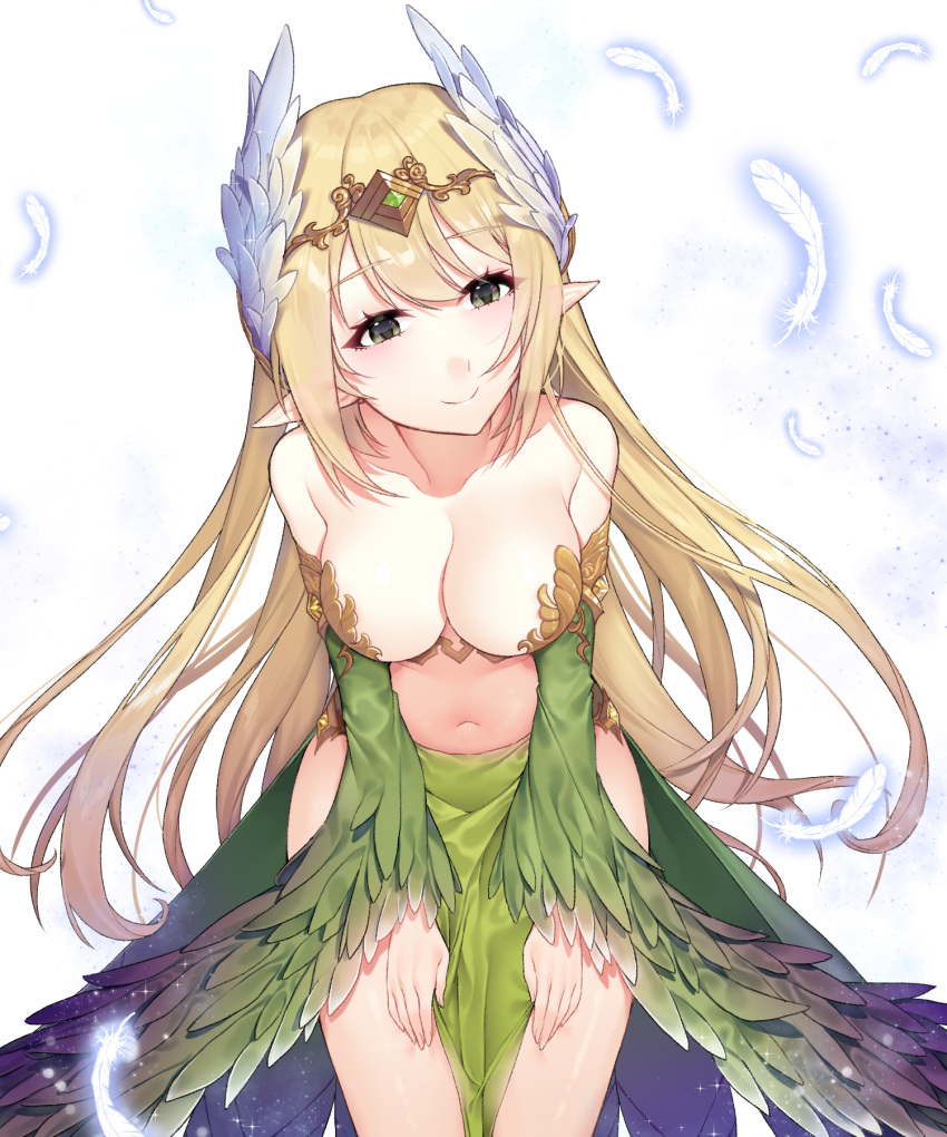 1girl, bangs, bare_shoulders, bent_over, blonde_hair, blush, breasts, cleavage