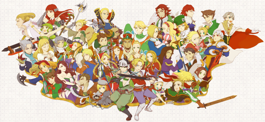 6+girls, blonde_hair, breasts, cantal_(saga), closed_mouth, commentary_request, cordelia_(saga), diana
