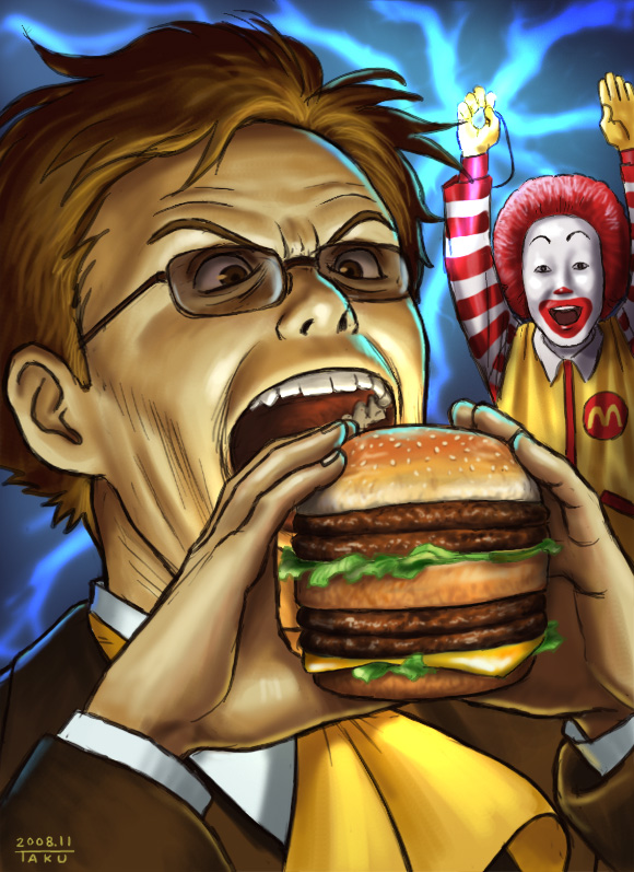 arms_up, crossover, dated, eating, food, formal, ghibli, glasses