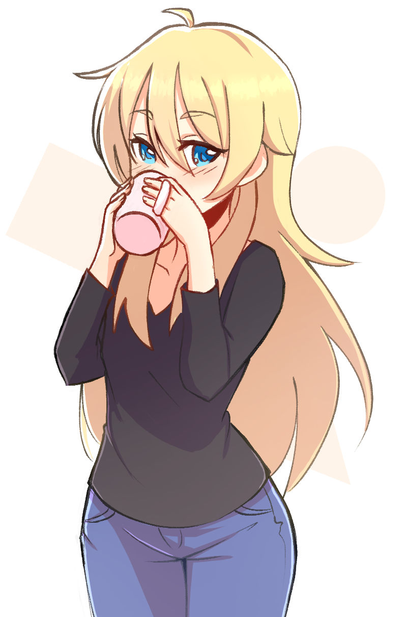 1girl, black_shirt, blonde_hair, blue_eyes, blue_pants, blush, coolisushi, cowboy_shot
