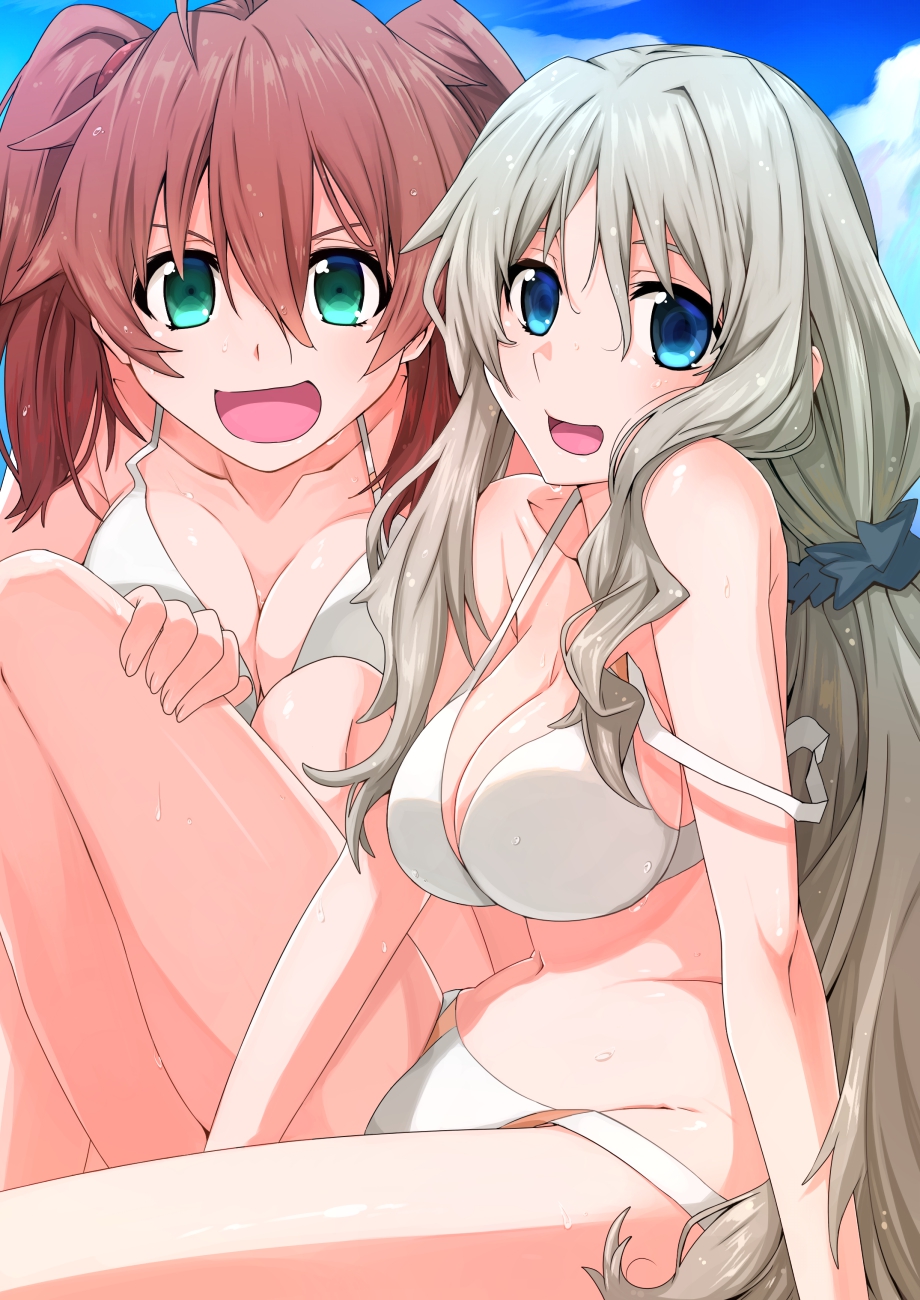 2girls, bikini, blue_eyes, blue_hair, breasts, brown_hair, cleavage, darling_in_the_franxx, green_eyes, highres, kokoro_(darling_in_the_franxx), kuro_(1968), large_breasts, long_hair, miku_(darling_in_the_franxx), multiple_girls, open_mouth, silver_hair, sitting, smile, strap_slip, swimsuit, twintails, white_bikini
