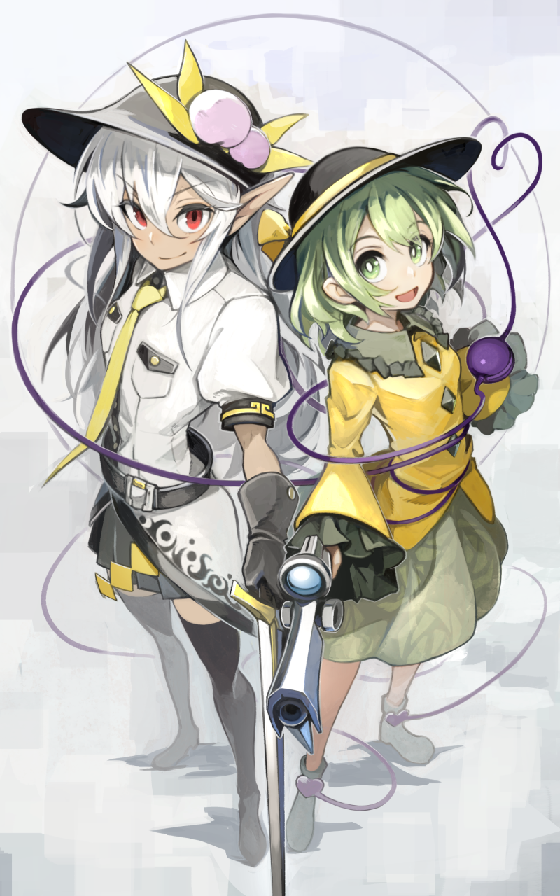 2girls, belt, black_footwear, black_gloves, black_hat, blouse, boots, bright_pupils